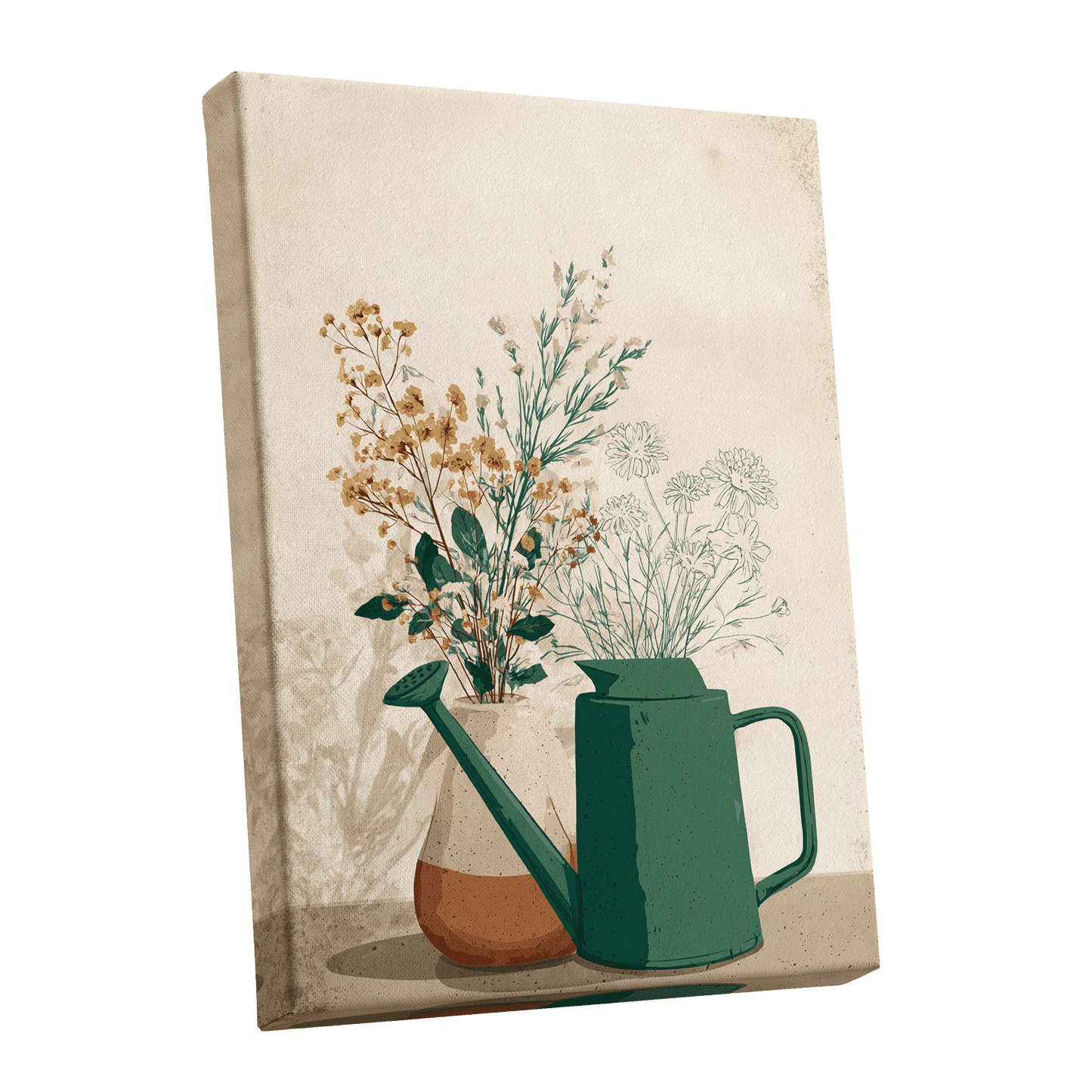 Quiet Garden Still Life, green, beige, gold floral wall art shown as a stretched canvas wall art