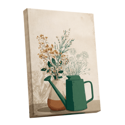 Quiet Garden Still Life, green, beige, gold floral wall art shown as a stretched canvas wall art