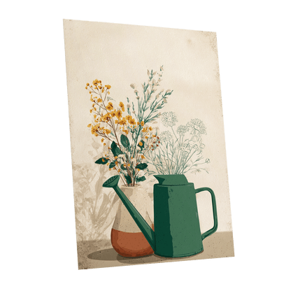 Quiet Garden Still Life, green, beige, gold floral wall art shown as a unframed poster wall art print