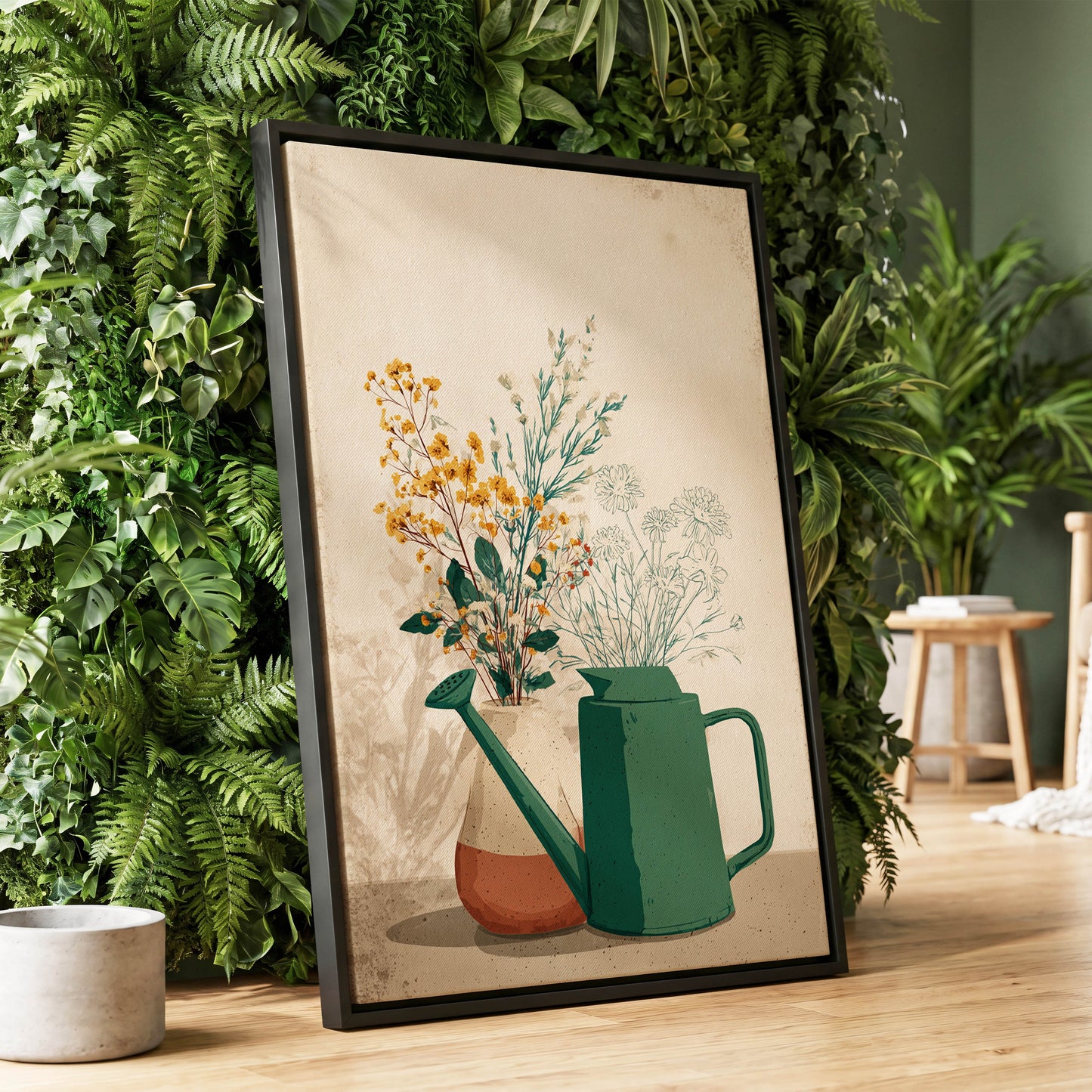 Quiet Garden Still Life, green, beige, gold floral wall art displayed in a styled interior, gallery view 1