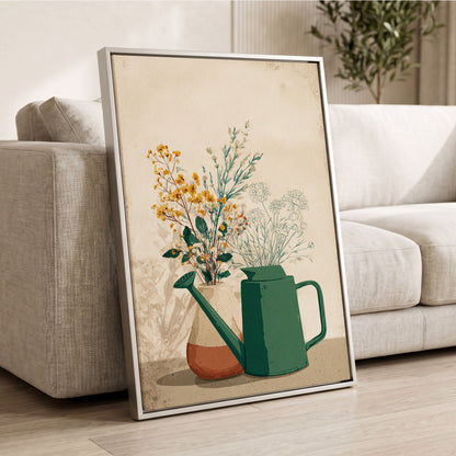Quiet Garden Still Life, green, beige, gold floral wall art displayed in a styled interior, gallery view 2