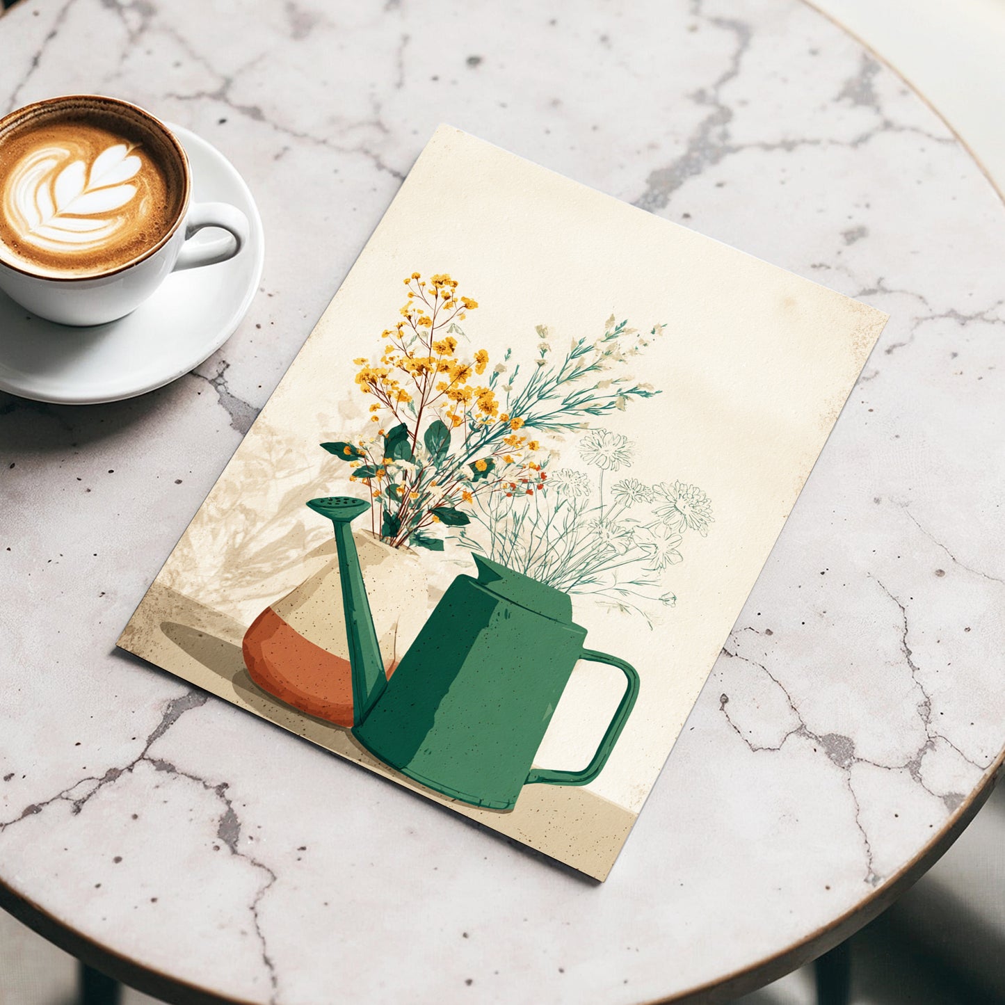 Quiet Garden Still Life, green, beige, gold floral wall art displayed in a styled interior, gallery view 3