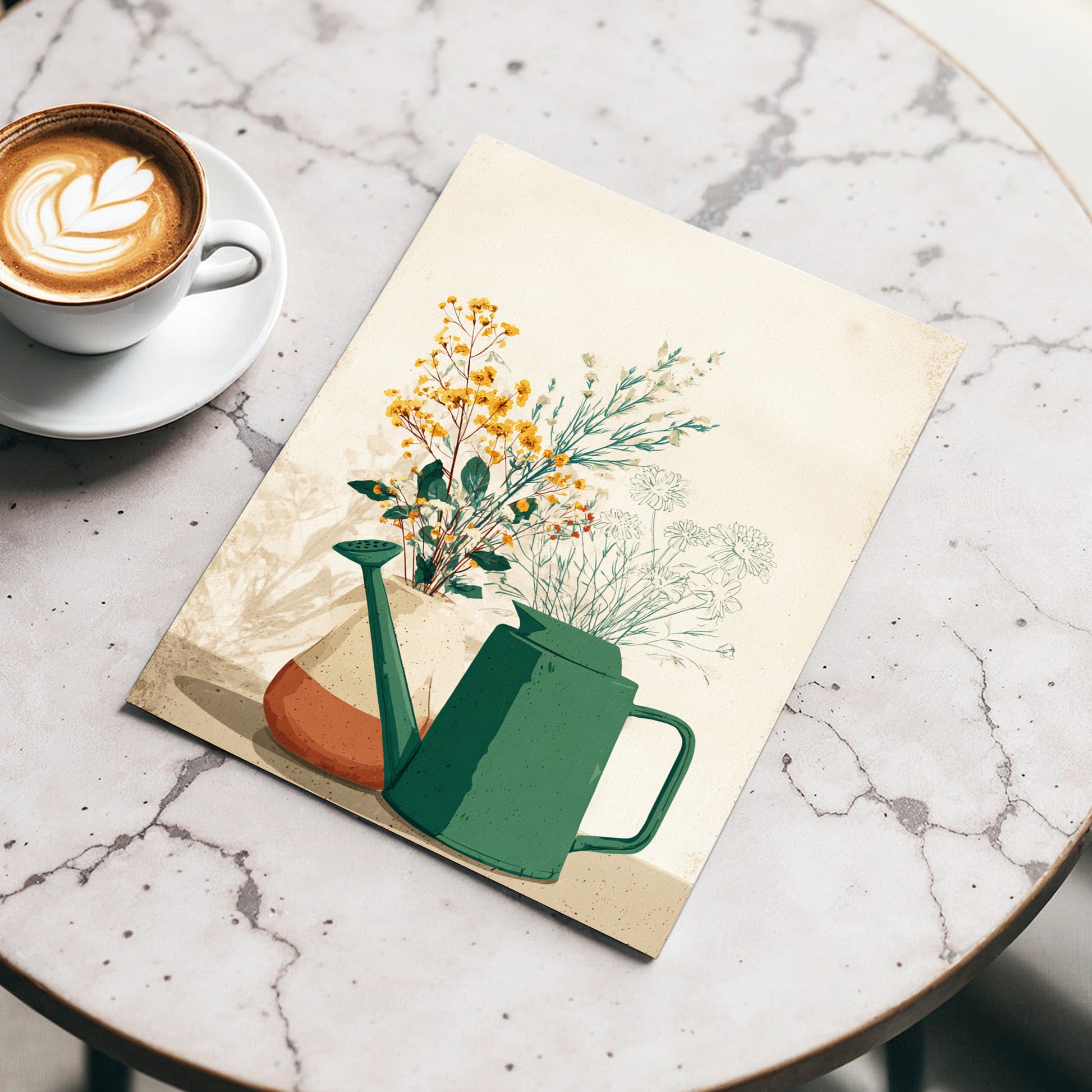 Quiet Garden Still Life, green, beige, gold floral wall art displayed in a styled interior, gallery view 3