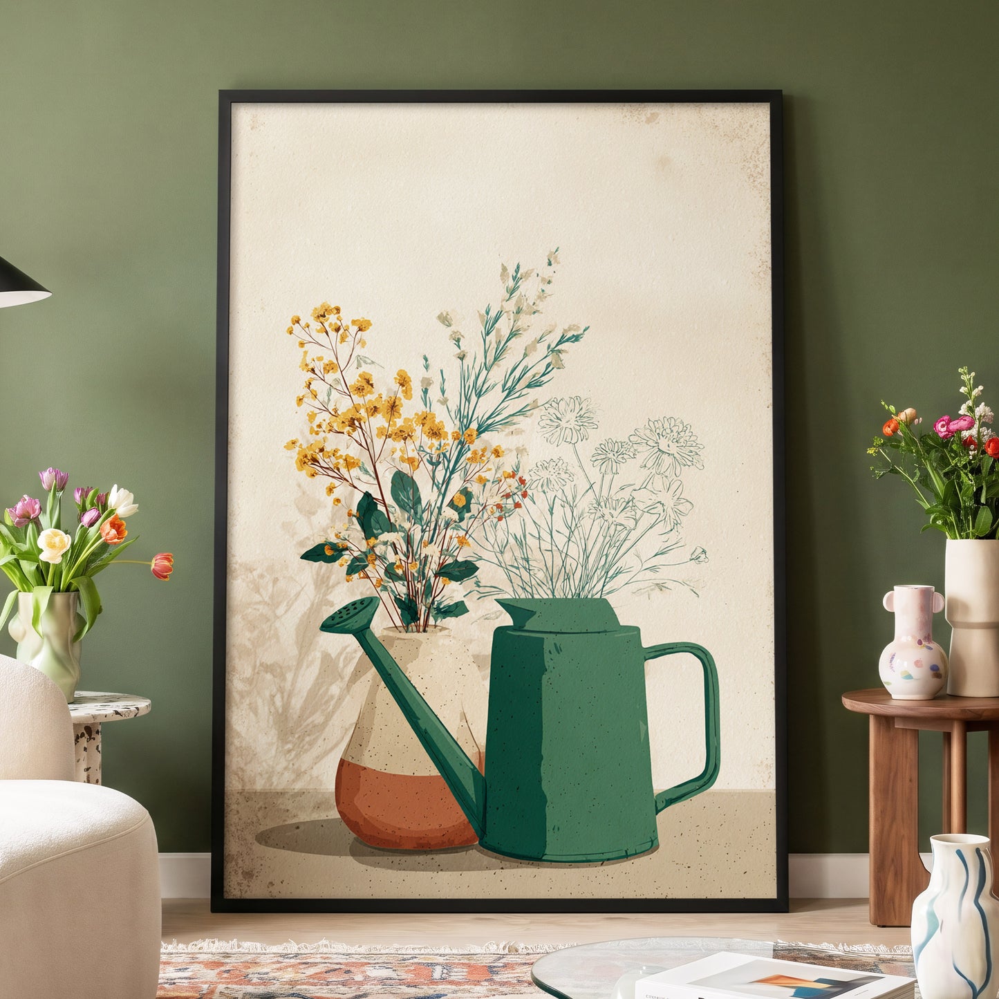 Quiet Garden Still Life, green, beige, gold floral wall art displayed in a styled interior, gallery view 4