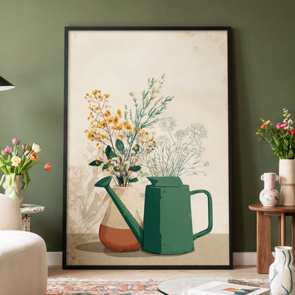 Quiet Garden Still Life, green, beige, gold floral wall art displayed in a styled interior, gallery view 4
