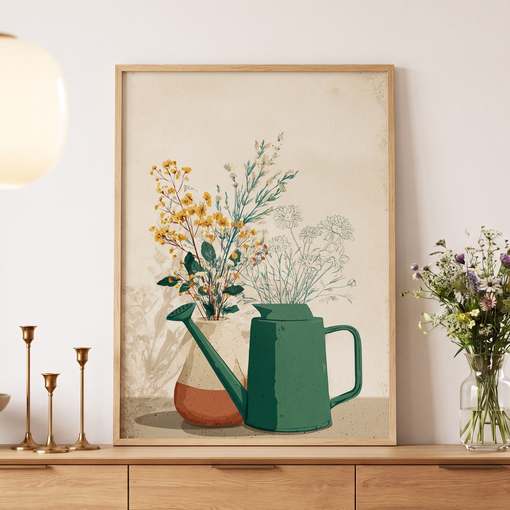 Quiet Garden Still Life, green, beige, gold floral wall art displayed in a styled interior, gallery view 5