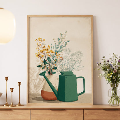 Quiet Garden Still Life, green, beige, gold floral wall art displayed in a styled interior, gallery view 5