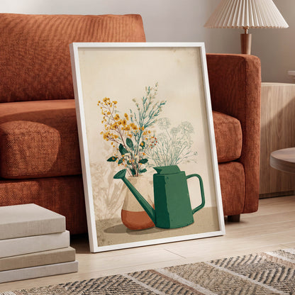 Quiet Garden Still Life, green, beige, gold floral wall art displayed in a styled interior, gallery view 6