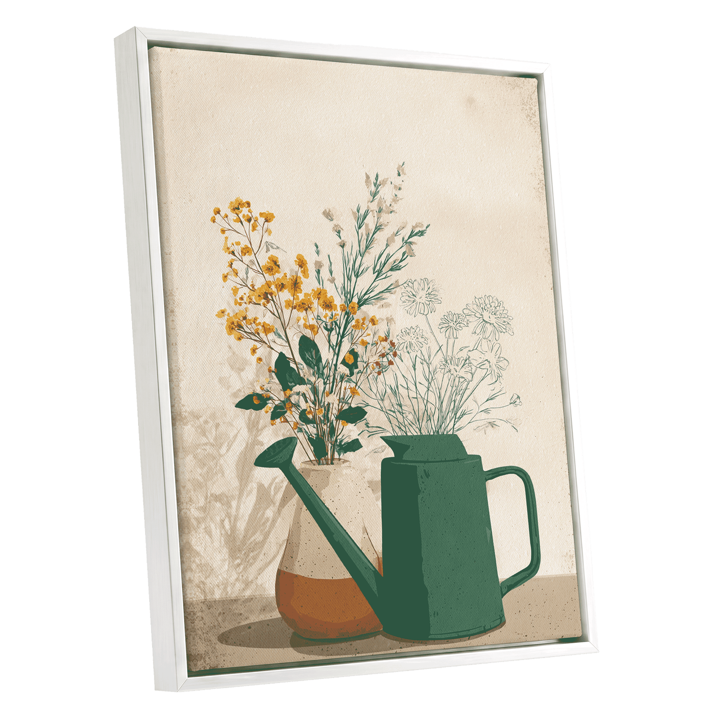 Quiet Garden Still Life, green, beige, gold floral wall art shown as a white framed canvas wall art
