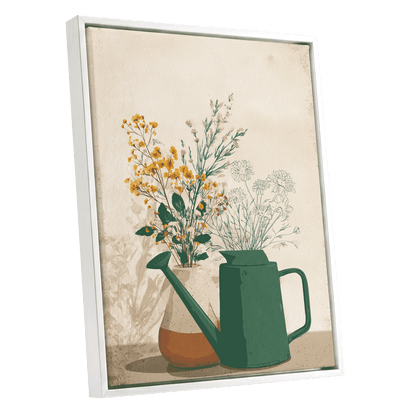 Quiet Garden Still Life, green, beige, gold floral wall art shown as a white framed canvas wall art