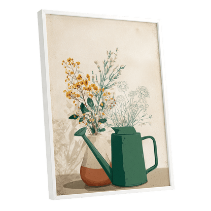 Quiet Garden Still Life, green, beige, gold floral wall art shown as a white framed poster wall art print