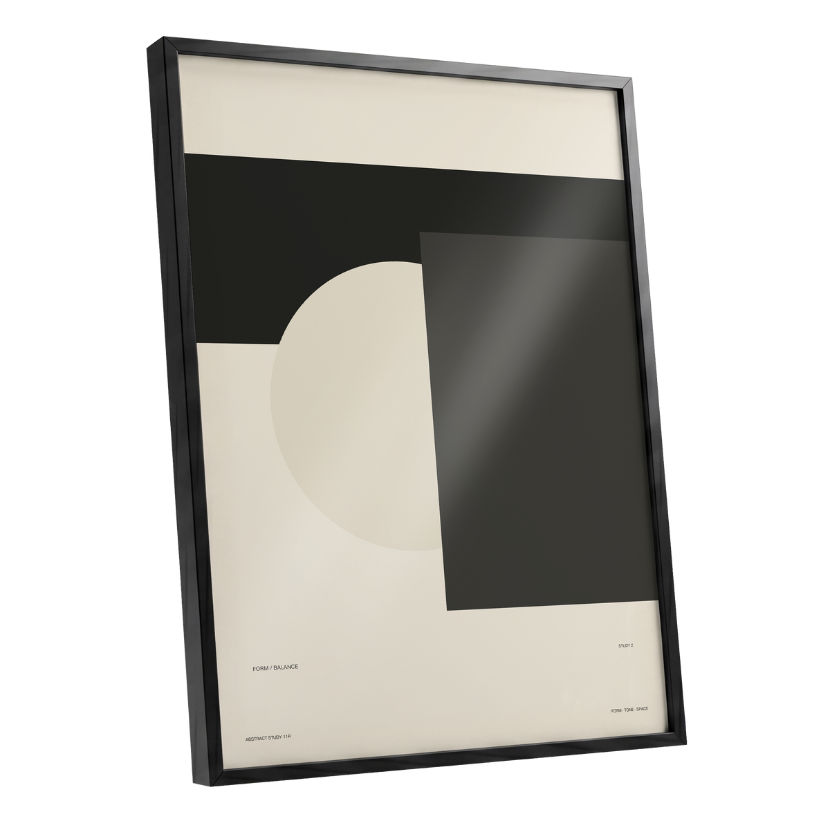 Quiet Geometry, beige, black, gray minimalist wall art shown as a black framed poster wall art print