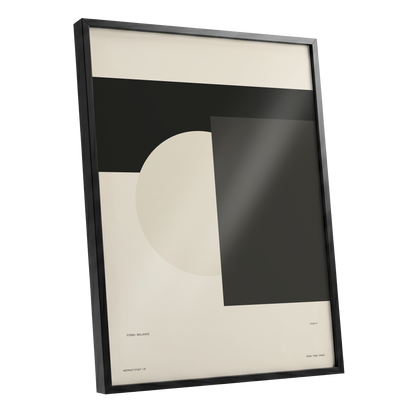 Quiet Geometry, beige, black, gray minimalist wall art shown as a black framed poster wall art print