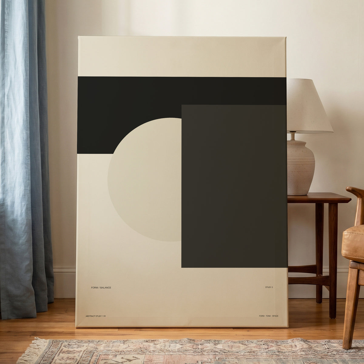 Quiet Geometry, beige, black, gray minimalist wall art on canvas displayed in a styled interior, gallery view 1