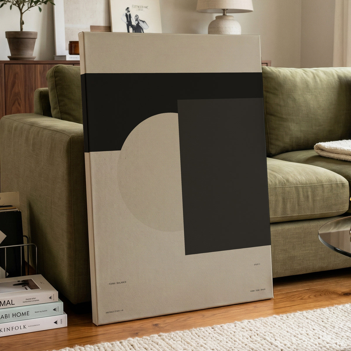 Quiet Geometry, beige, black, gray minimalist wall art on canvas displayed in a styled interior, gallery view 2