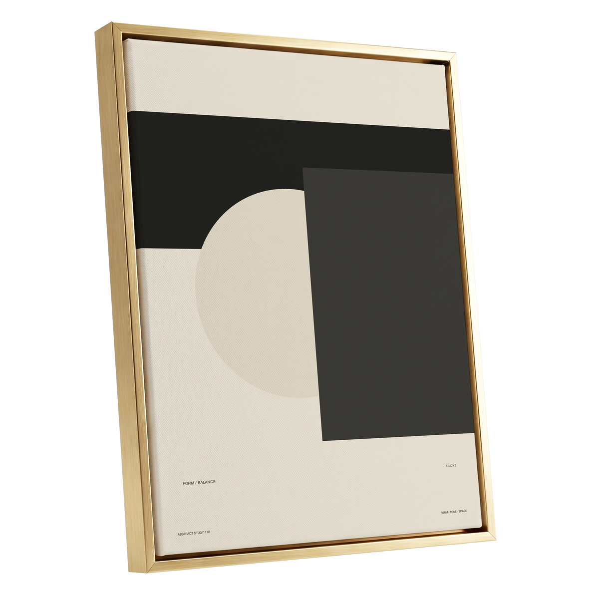 Quiet Geometry, beige, black, gray minimalist wall art shown as a gold framed canvas wall art