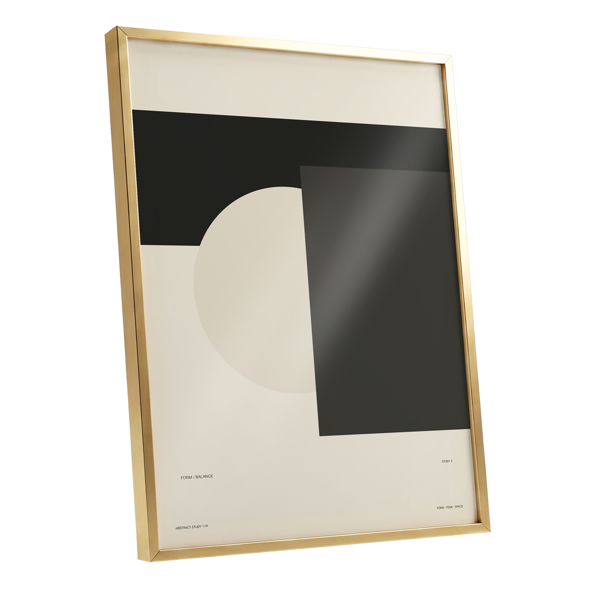 Quiet Geometry, beige, black, gray minimalist wall art shown as a gold framed poster wall art print