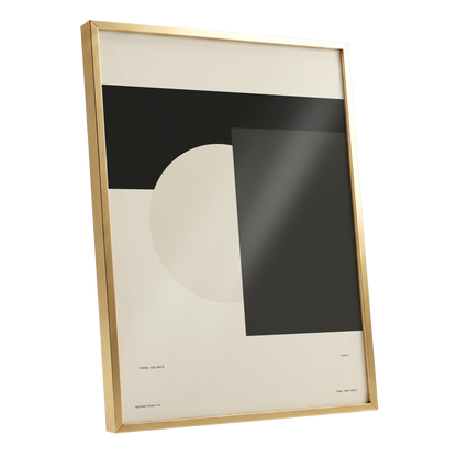 Quiet Geometry, beige, black, gray minimalist wall art shown as a gold framed poster wall art print