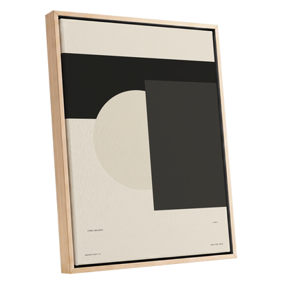 Quiet Geometry, beige, black, gray minimalist wall art shown as a oak framed canvas wall art