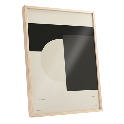 Quiet Geometry, beige, black, gray minimalist wall art shown as a oak framed poster wall art print