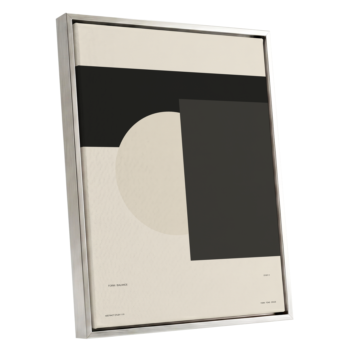 Quiet Geometry, beige, black, gray minimalist wall art shown as a silver framed canvas wall art