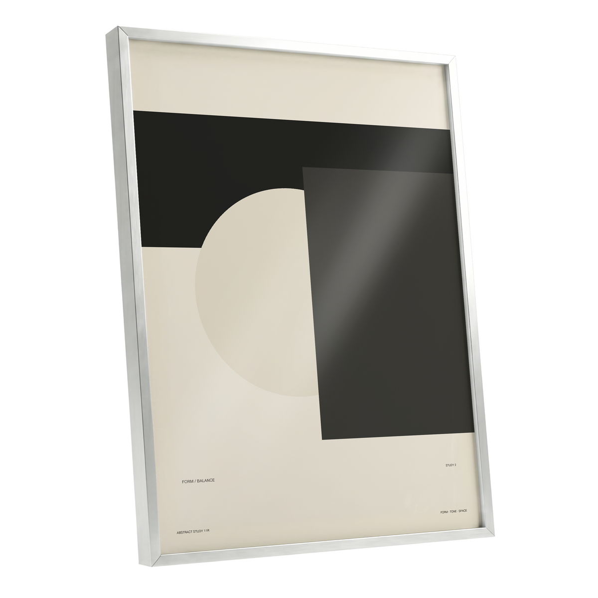 Quiet Geometry, beige, black, gray minimalist wall art shown as a silver framed poster wall art print