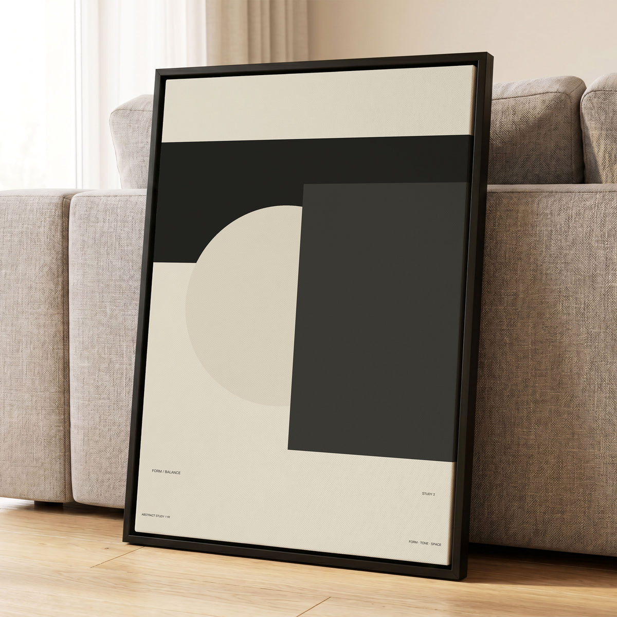 Quiet Geometry, beige, black, gray minimalist wall art displayed in a styled interior, gallery view 1