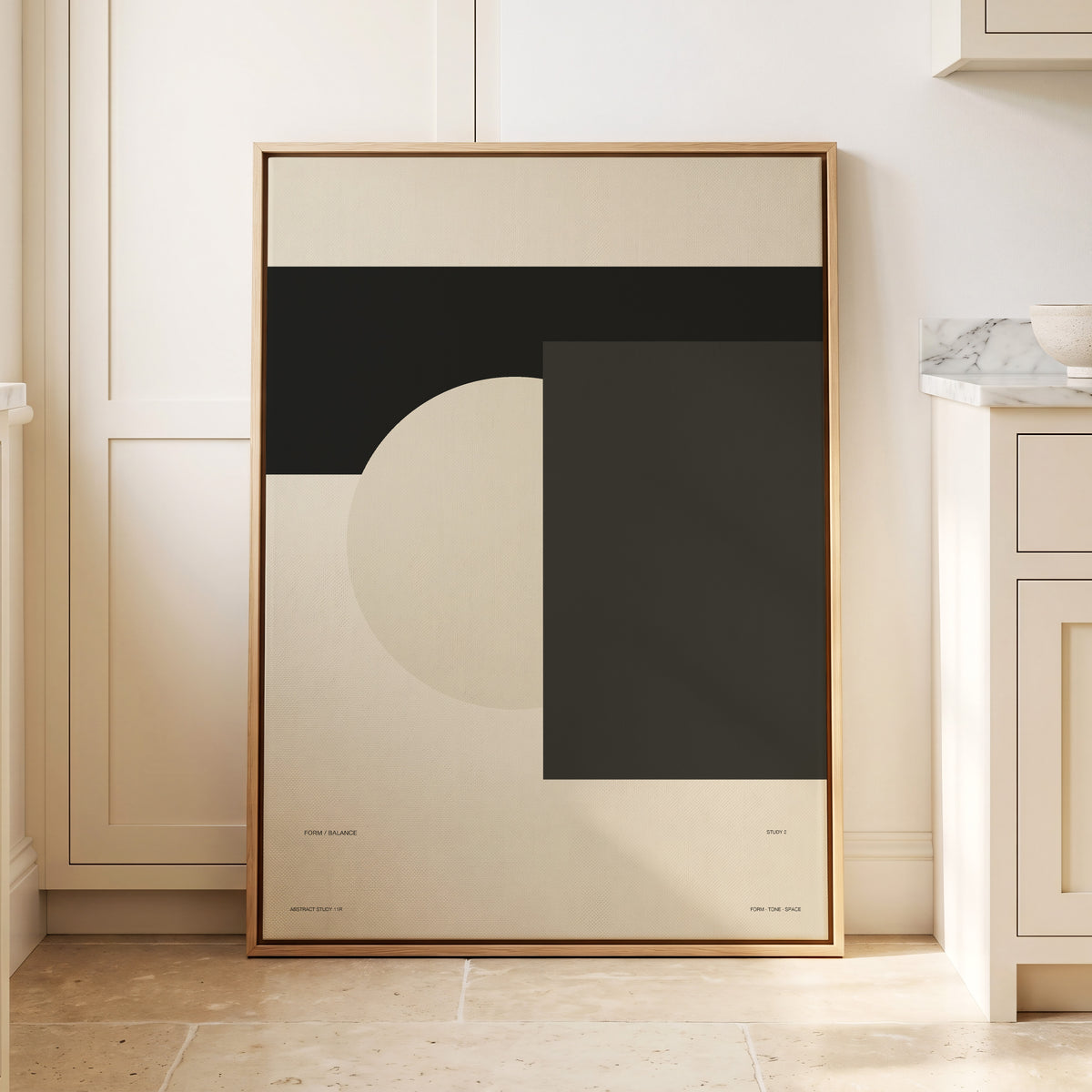Quiet Geometry, beige, black, gray minimalist wall art displayed in a styled interior, gallery view 2