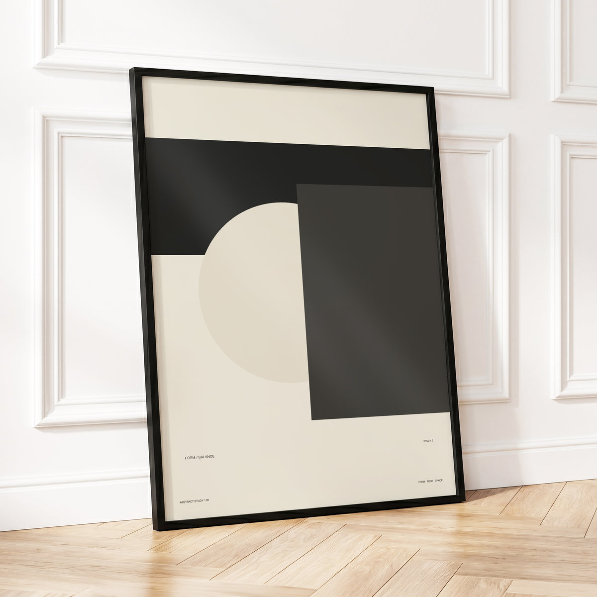 Quiet Geometry, beige, black, gray minimalist wall art displayed in a styled interior, gallery view 6