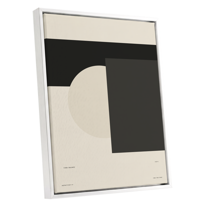 Quiet Geometry, beige, black, gray minimalist wall art shown as a white framed canvas wall art