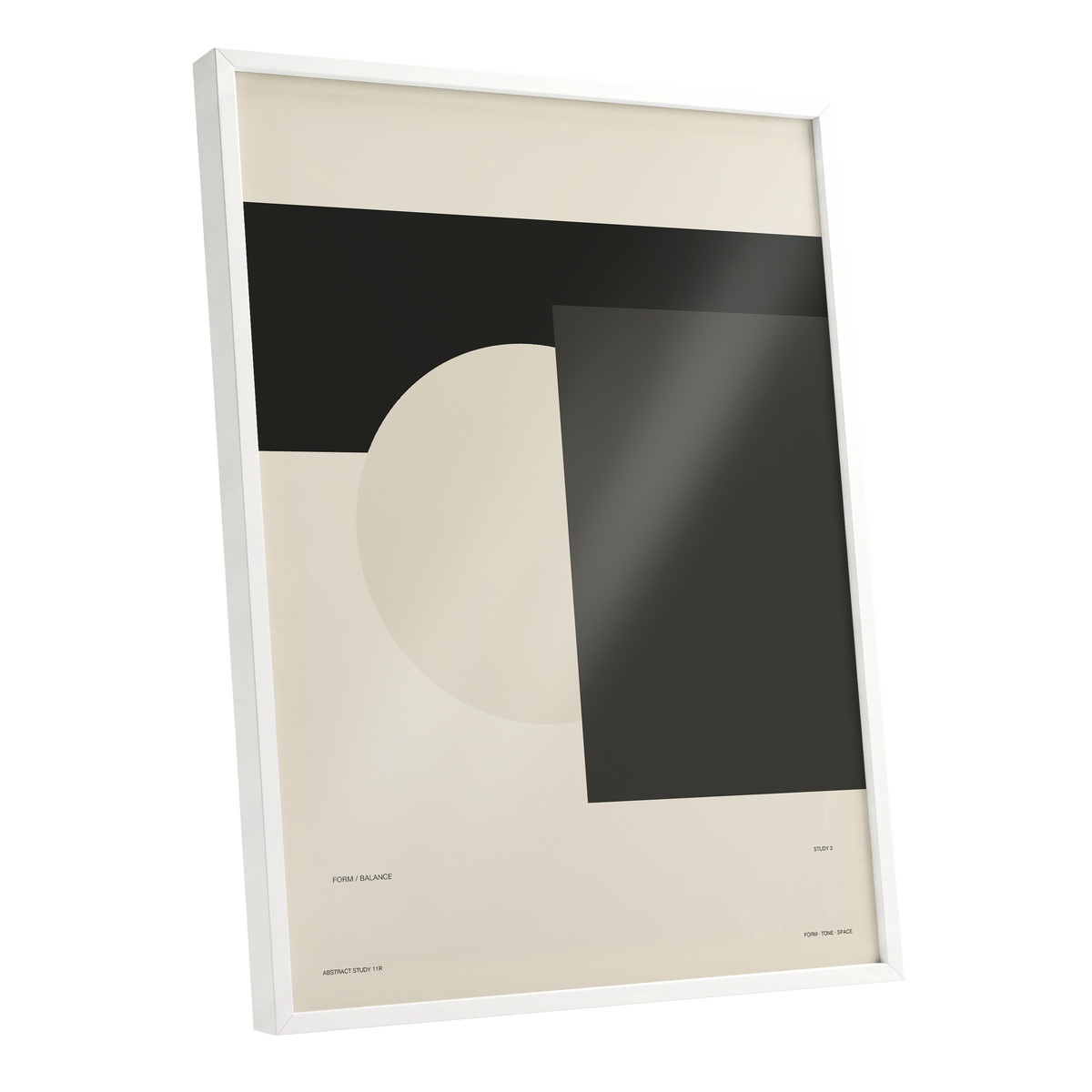 Quiet Geometry, beige, black, gray minimalist wall art shown as a white framed poster wall art print