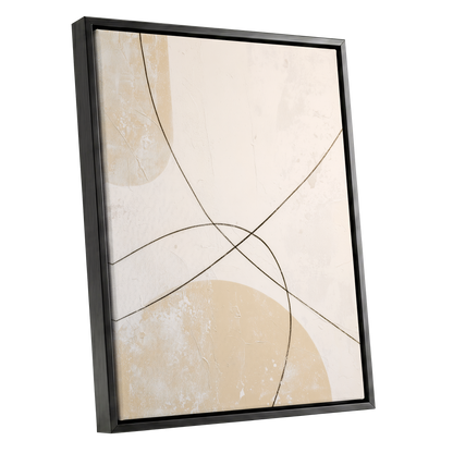 Quiet Intersections, white, beige, black minimalist wall art shown as a black framed canvas wall art