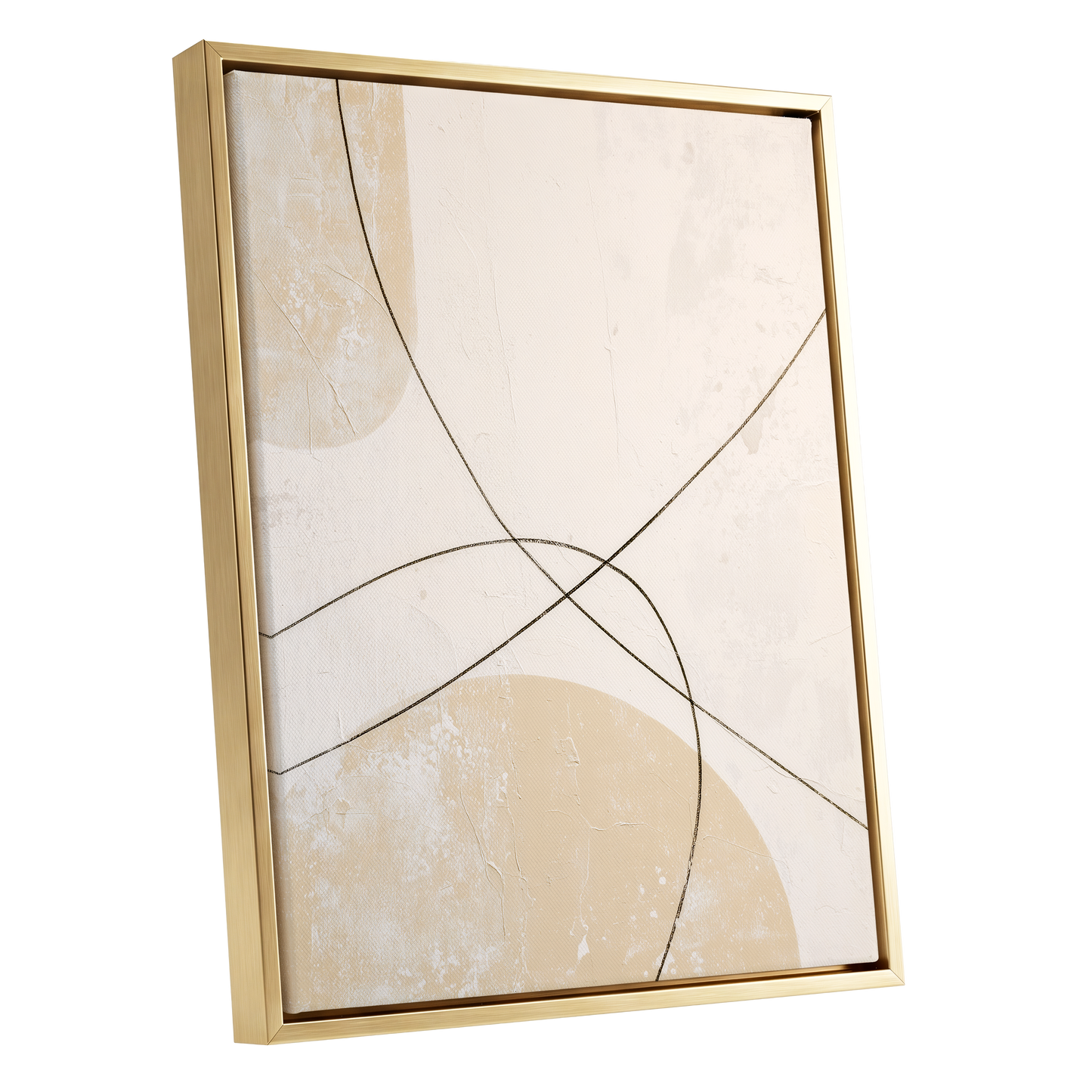 Quiet Intersections, white, beige, black minimalist wall art shown as a gold framed canvas wall art
