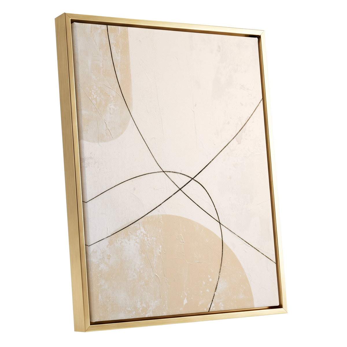 Quiet Intersections, white, beige, black minimalist wall art shown as a gold framed canvas wall art