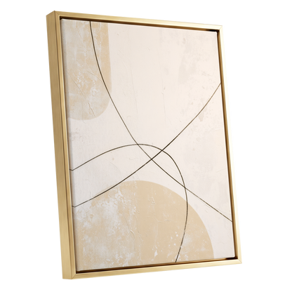 Quiet Intersections, white, beige, black minimalist wall art shown as a gold framed canvas wall art