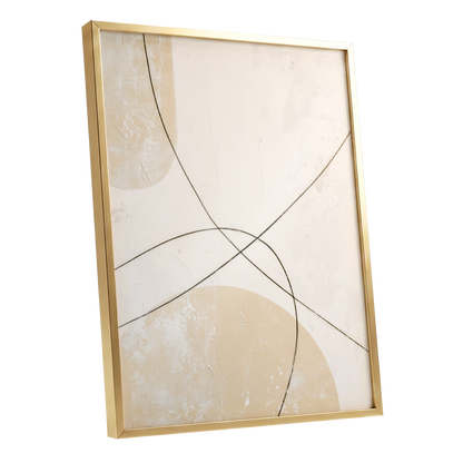 Quiet Intersections, white, beige, black minimalist wall art shown as a gold framed poster wall art print