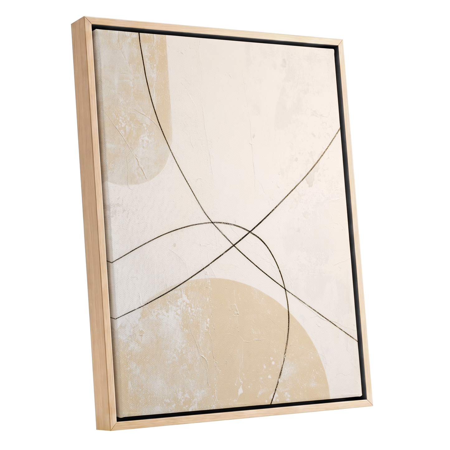 Quiet Intersections, white, beige, black minimalist wall art shown as a oak framed canvas wall art