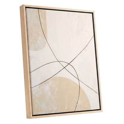 Quiet Intersections, white, beige, black minimalist wall art shown as a oak framed canvas wall art