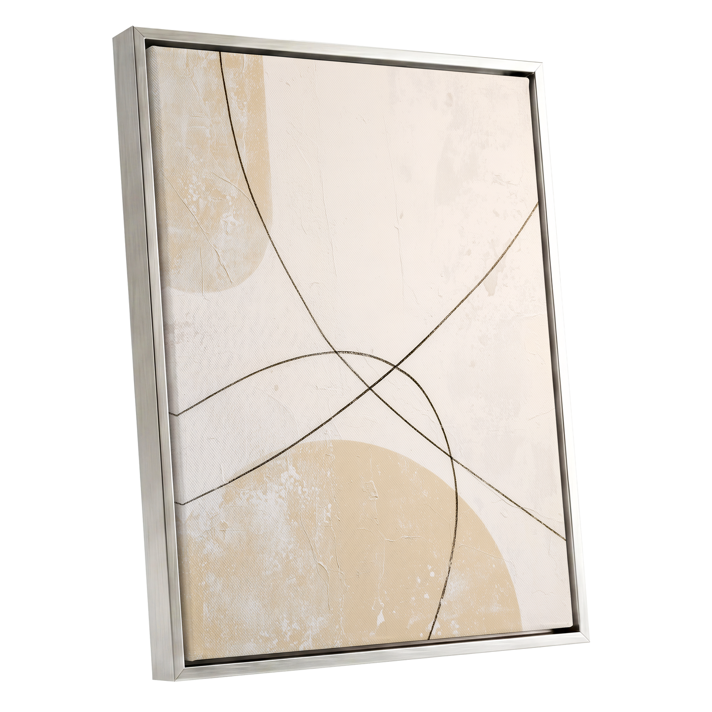 Quiet Intersections, white, beige, black minimalist wall art shown as a silver framed canvas wall art