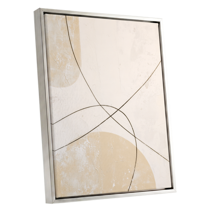 Quiet Intersections, white, beige, black minimalist wall art shown as a silver framed canvas wall art