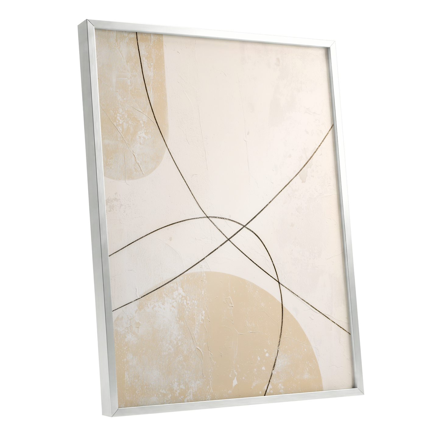 Quiet Intersections, white, beige, black minimalist wall art shown as a silver framed poster wall art print