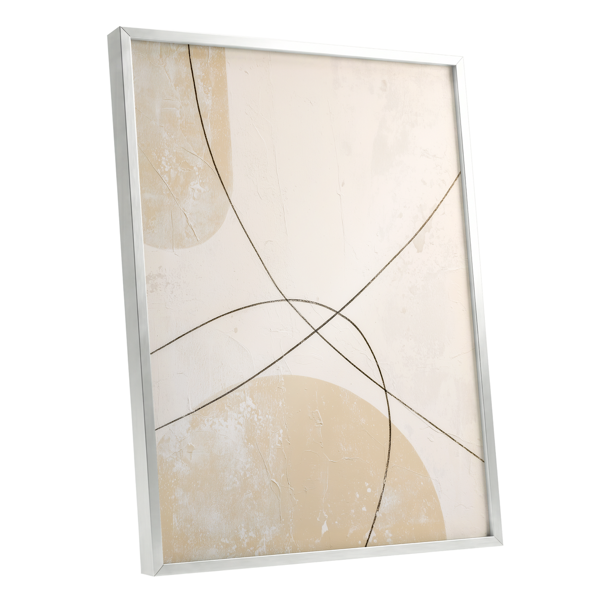 Quiet Intersections, white, beige, black minimalist wall art shown as a silver framed poster wall art print