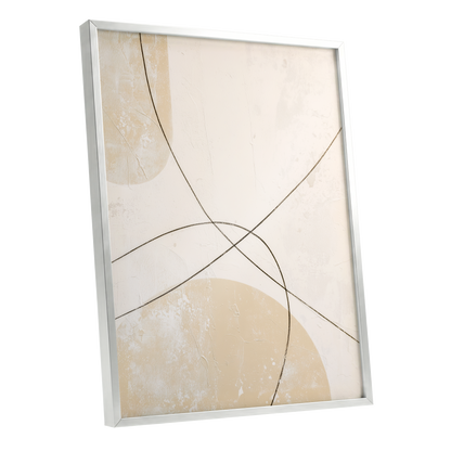 Quiet Intersections, white, beige, black minimalist wall art shown as a silver framed poster wall art print