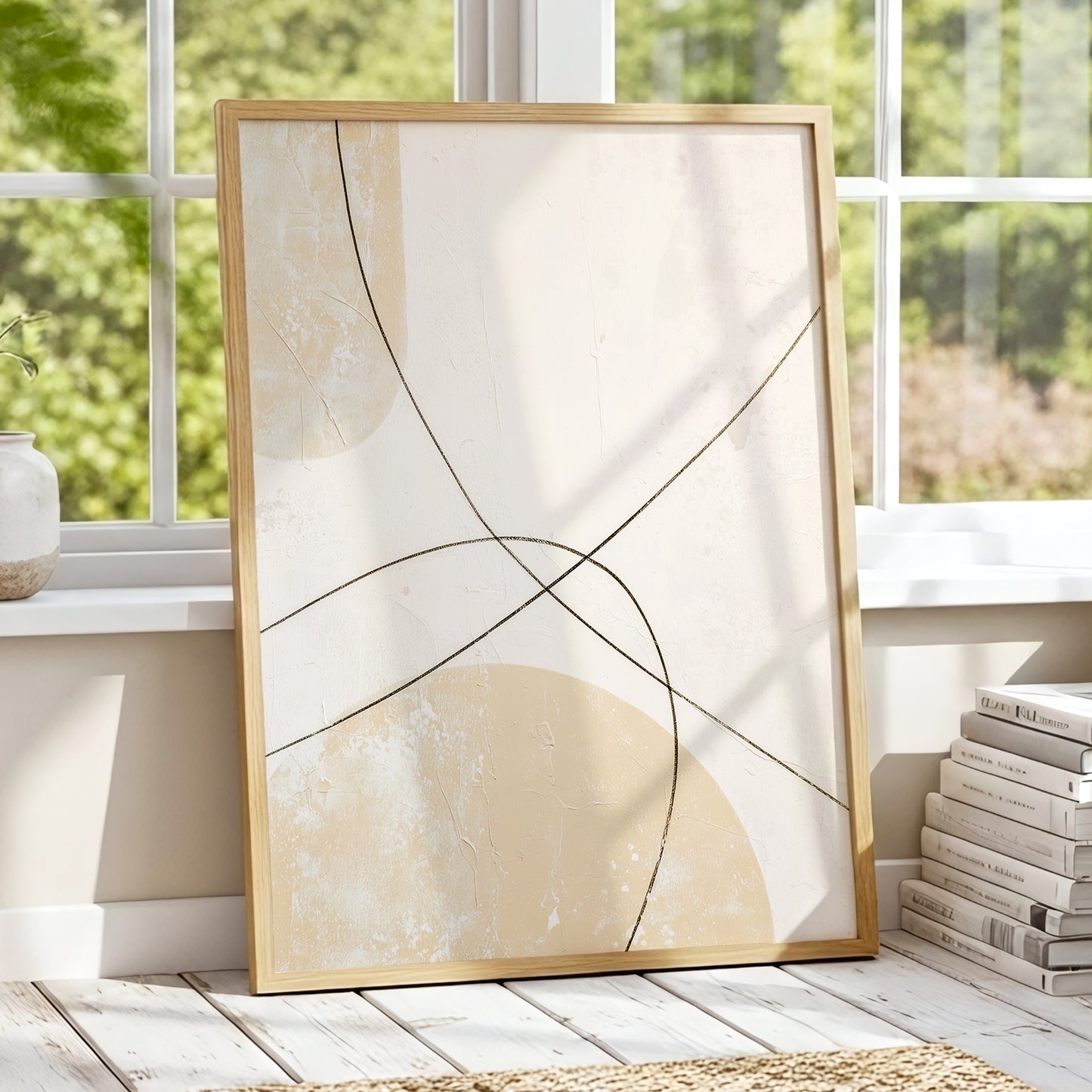 Quiet Intersections, white, beige, black minimalist wall art displayed in a styled interior, gallery view 9