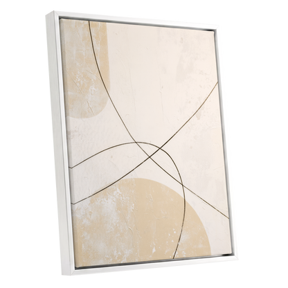 Quiet Intersections, white, beige, black minimalist wall art shown as a white framed canvas wall art