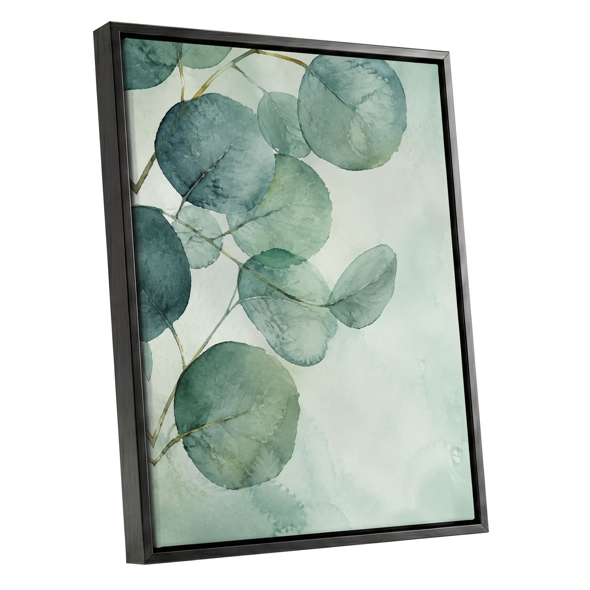 Quiet Leaflight, green, blue, white nature wall art shown as a black framed canvas wall art