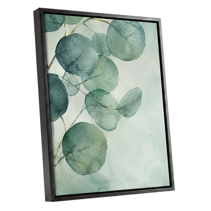 Quiet Leaflight, green, blue, white nature wall art shown as a black framed canvas wall art