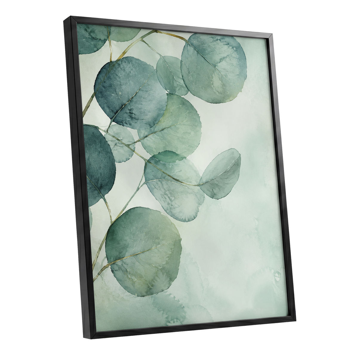 Quiet Leaflight, green, blue, white nature wall art shown as a black framed poster wall art print