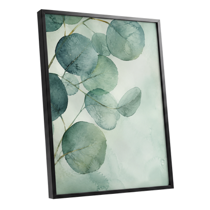 Quiet Leaflight, green, blue, white nature wall art shown as a black framed poster wall art print
