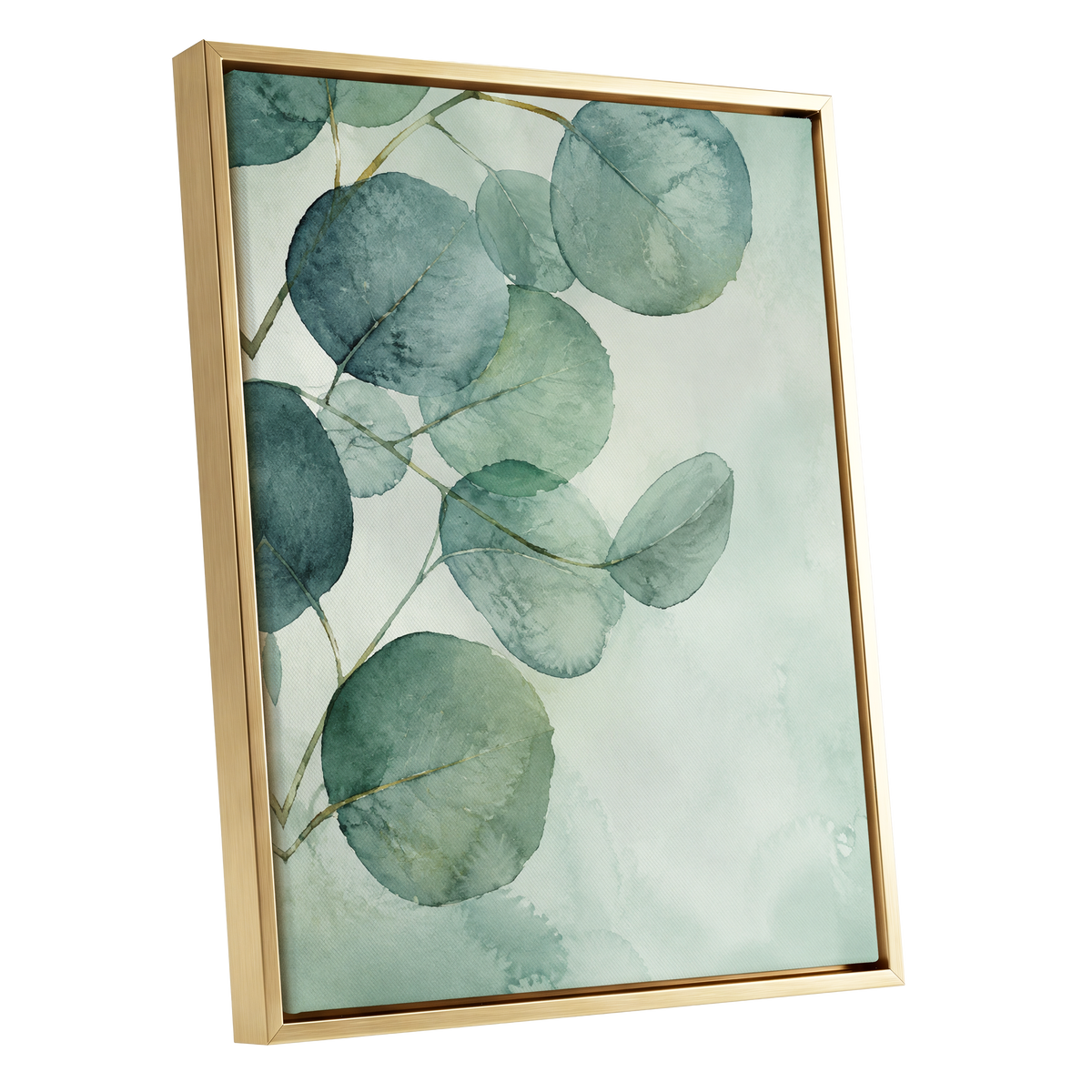 Quiet Leaflight, green, blue, white nature wall art shown as a gold framed canvas wall art